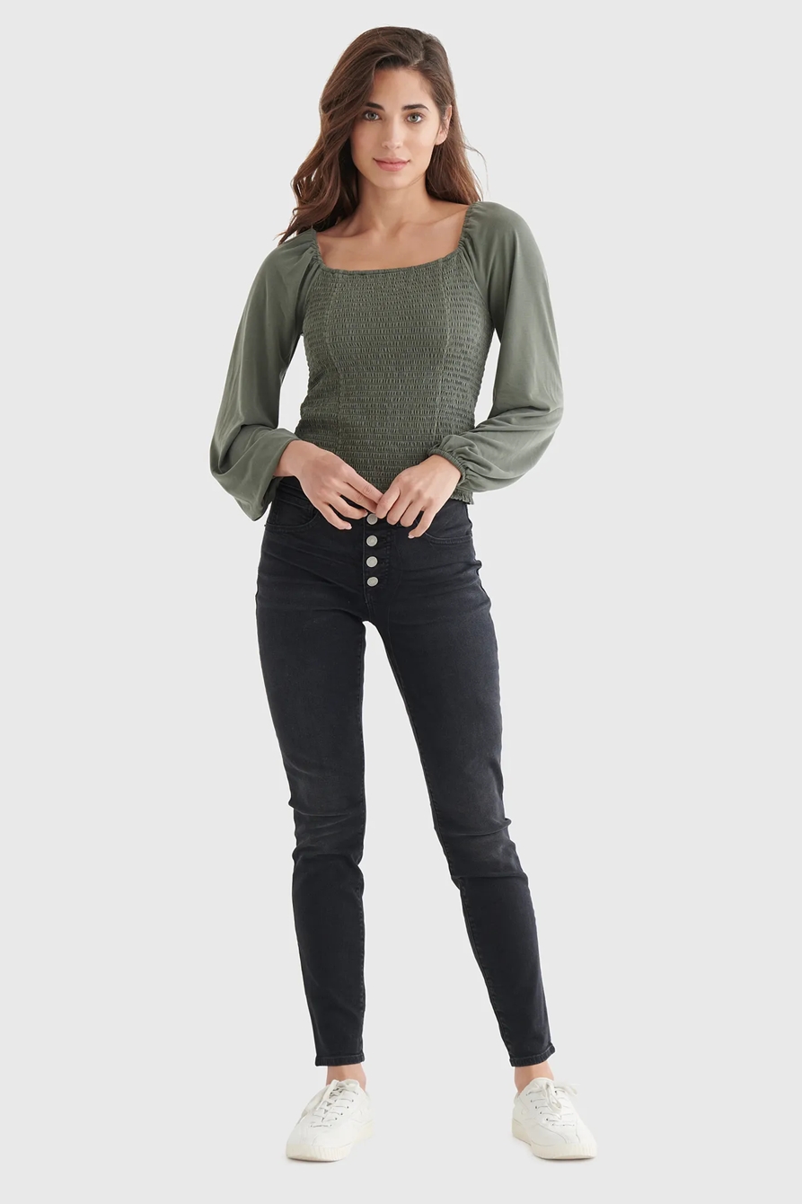 SMOCKED SQUARE NECK KNIT TOP, image 2