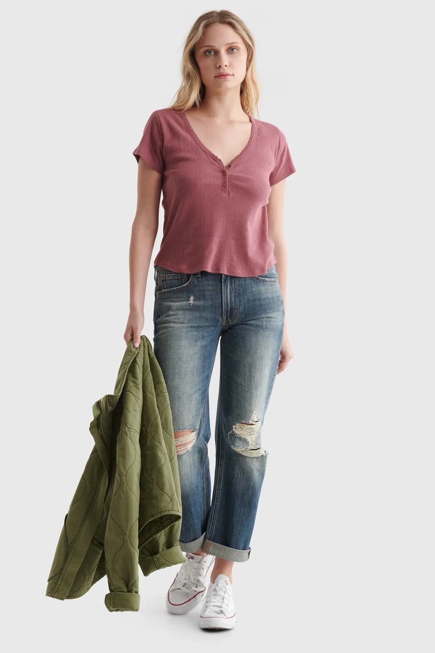 POINTELLE-KNIT SHORT SLEEVE HENLEY, image 2