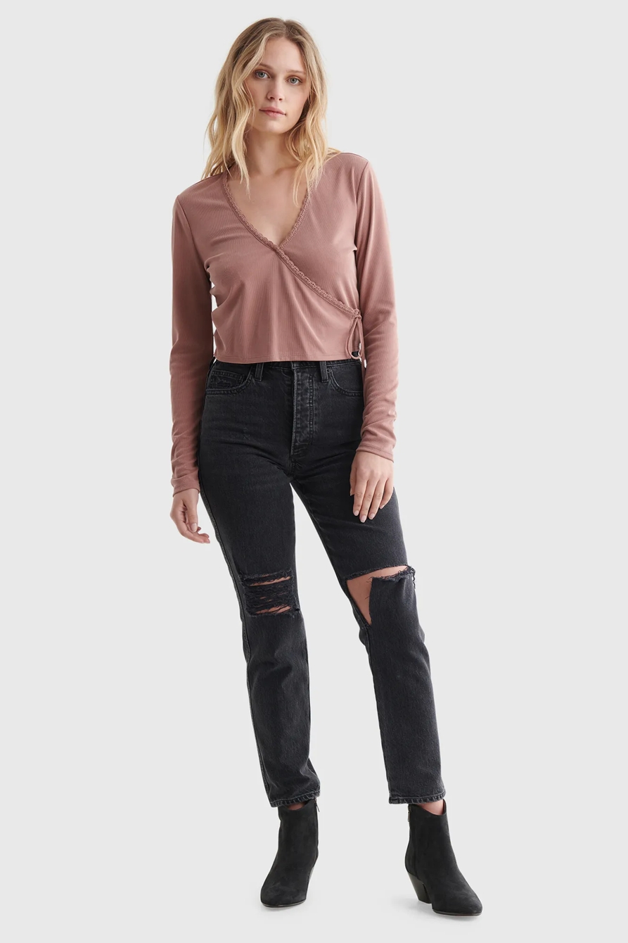 SANDWASH RIB LACE TRIM WRAP TOP, image 2