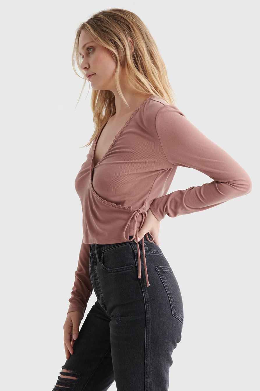 SANDWASH RIB LACE TRIM WRAP TOP, image 3
