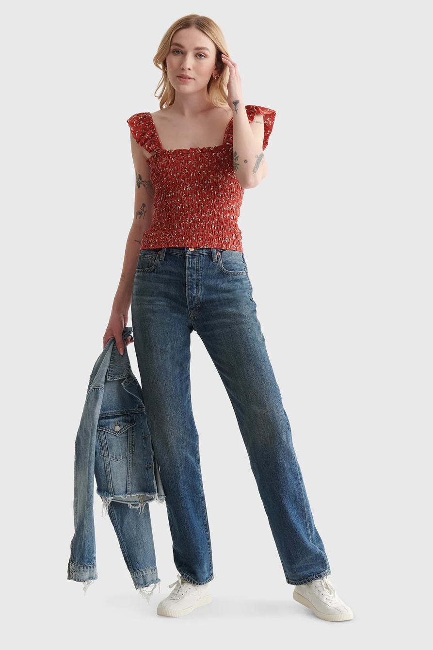 PRINTED SMOCKED FLUTTER-SLEEVE TANK, image 2