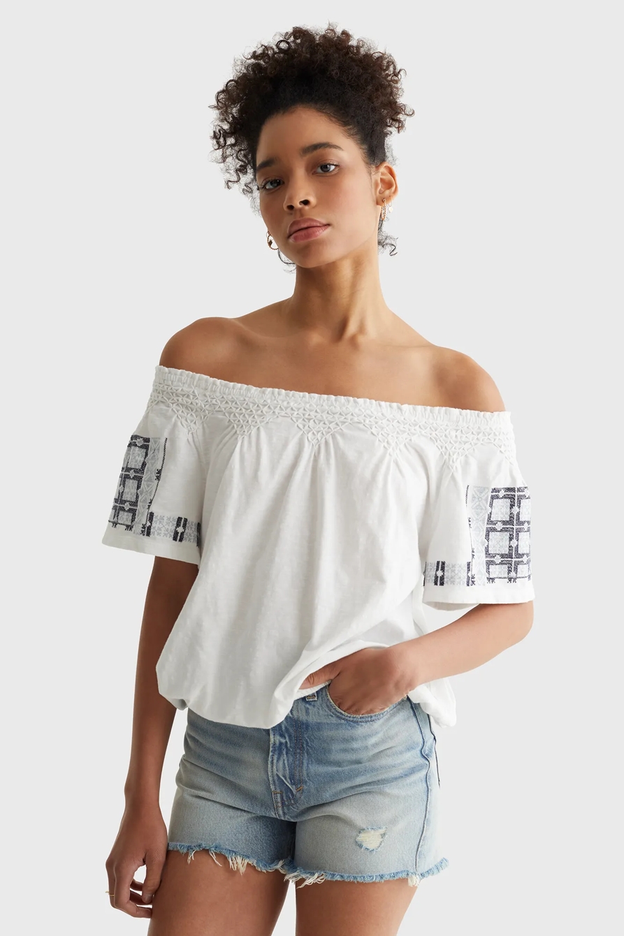 SHORT SLEEVE OFF THE SHOULDER EMBROIDERED TOP, image 1