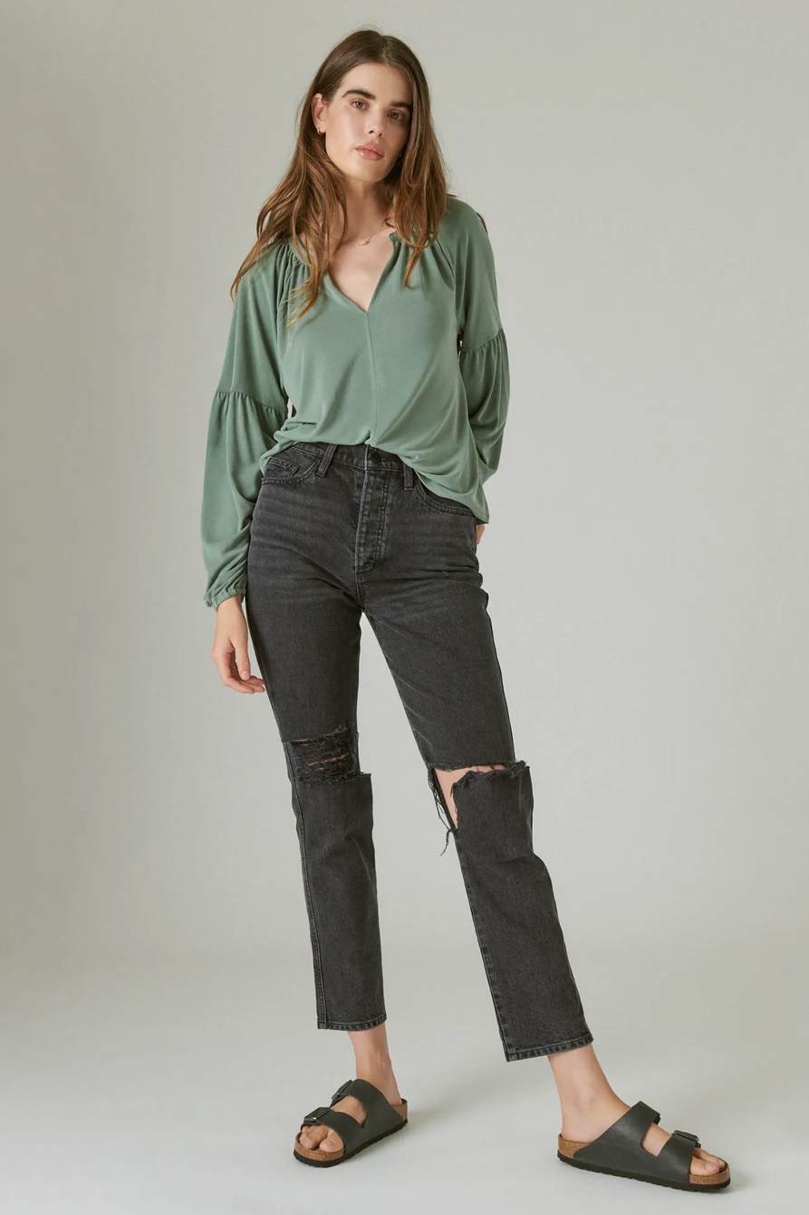 LONG SLEEVE NOTCHED NECK SANDWASH TOP, image 2