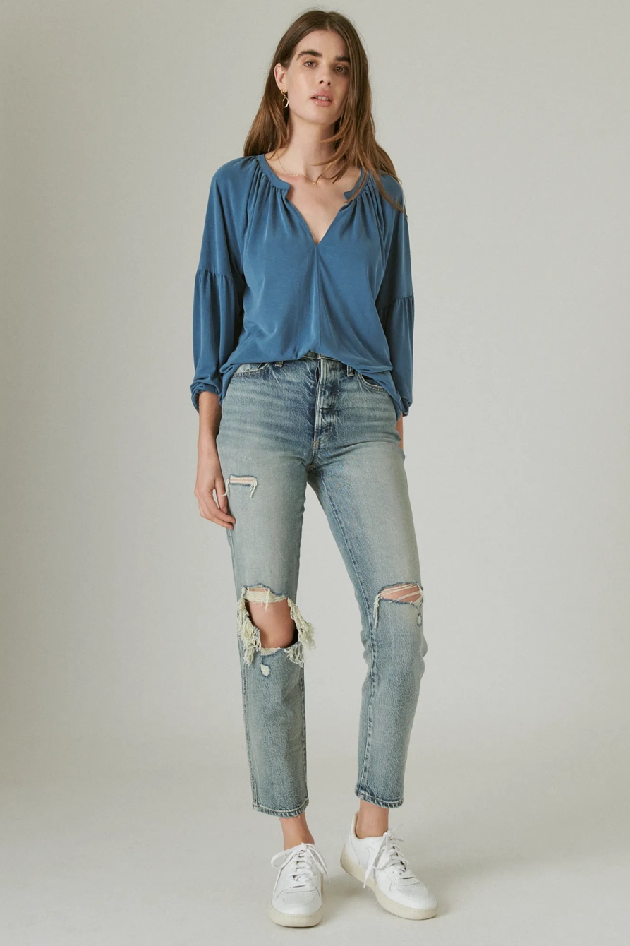 LONG SLEEVE NOTCHED NECK SANDWASH TOP, image 2