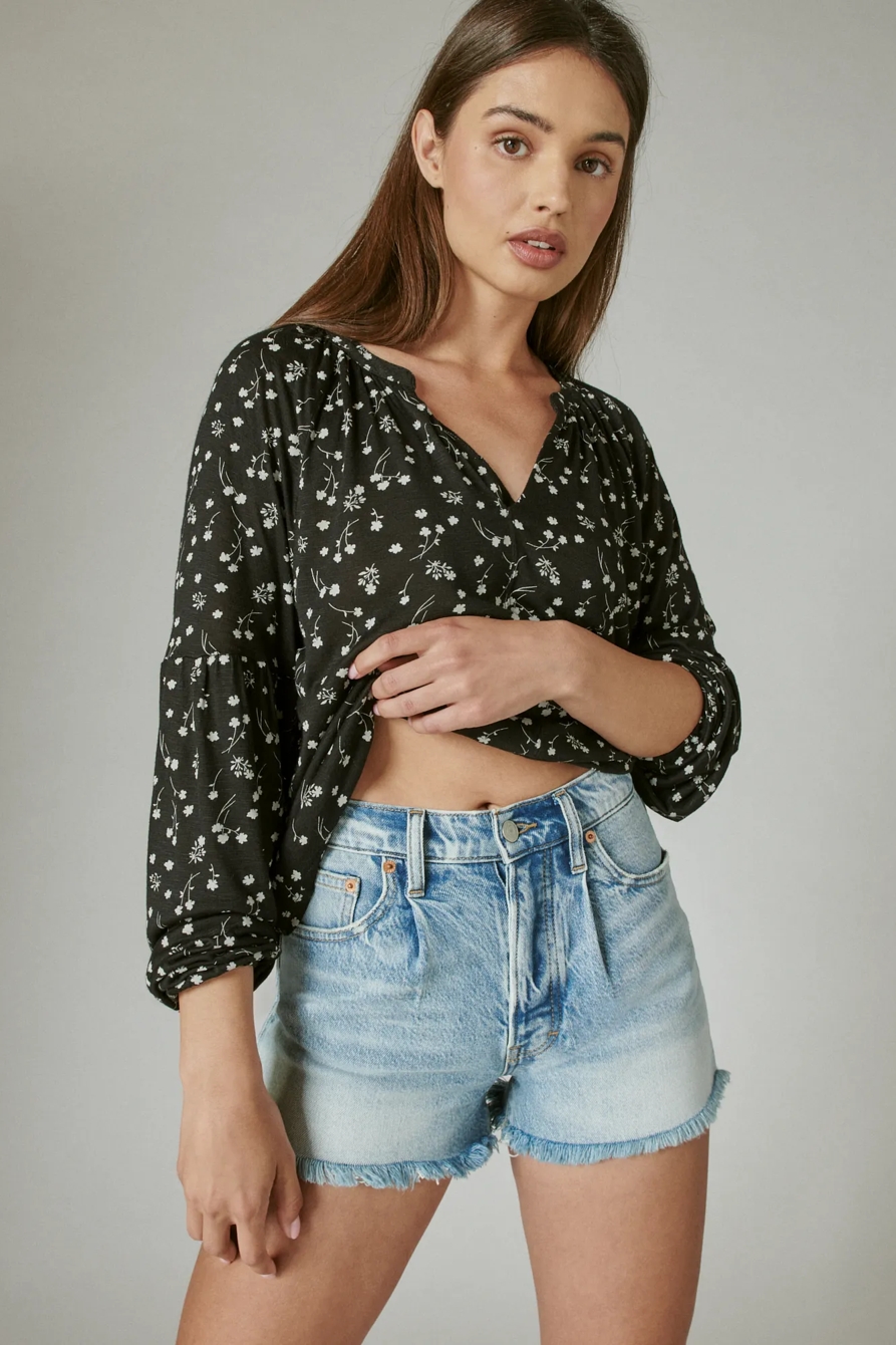 PRINTED LONG SLEEVE NOTCHED NECK SANDWASH TOP, image 3