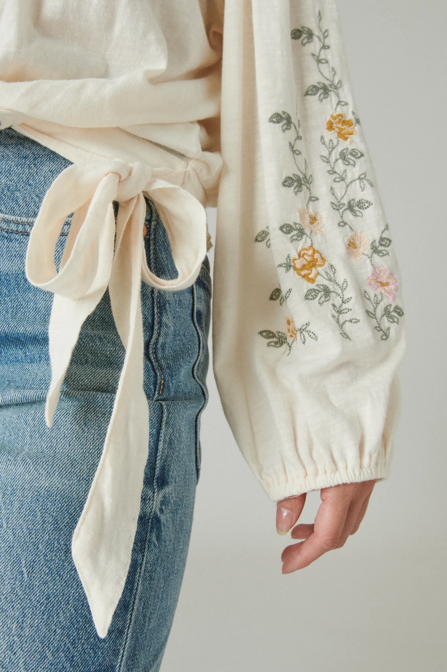 LONG SLEEVE EMBROIDERED SURPLICE WRAP TOP, image 5