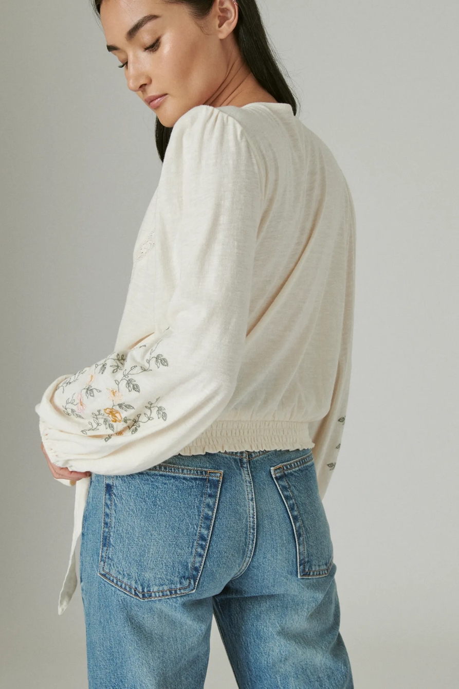 LONG SLEEVE EMBROIDERED SURPLICE WRAP TOP, image 6