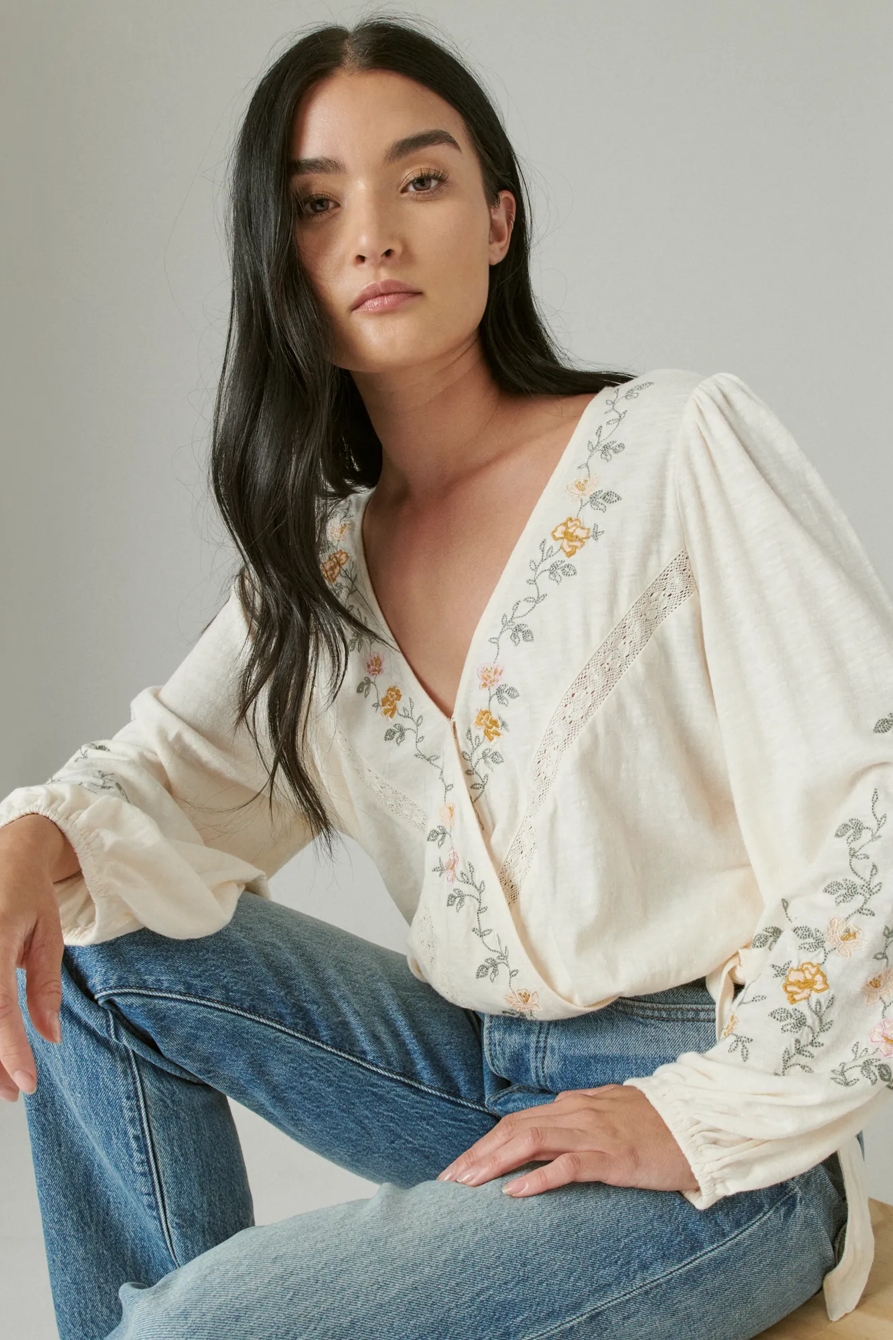 LONG SLEEVE EMBROIDERED SURPLICE WRAP TOP, image 7