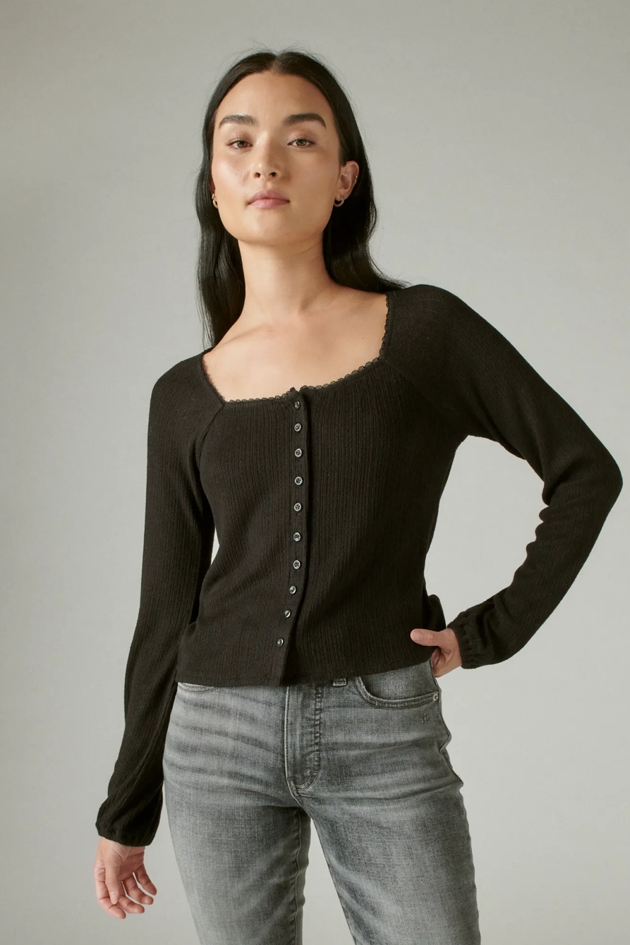 SQUARE NECK POINTELLE BUTTON FRONT TOP, image 1