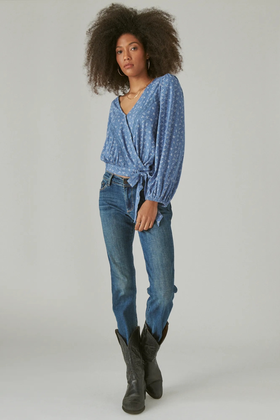 LONG SLEEVE PRINTED SURPLICE WRAP TOP, image 2