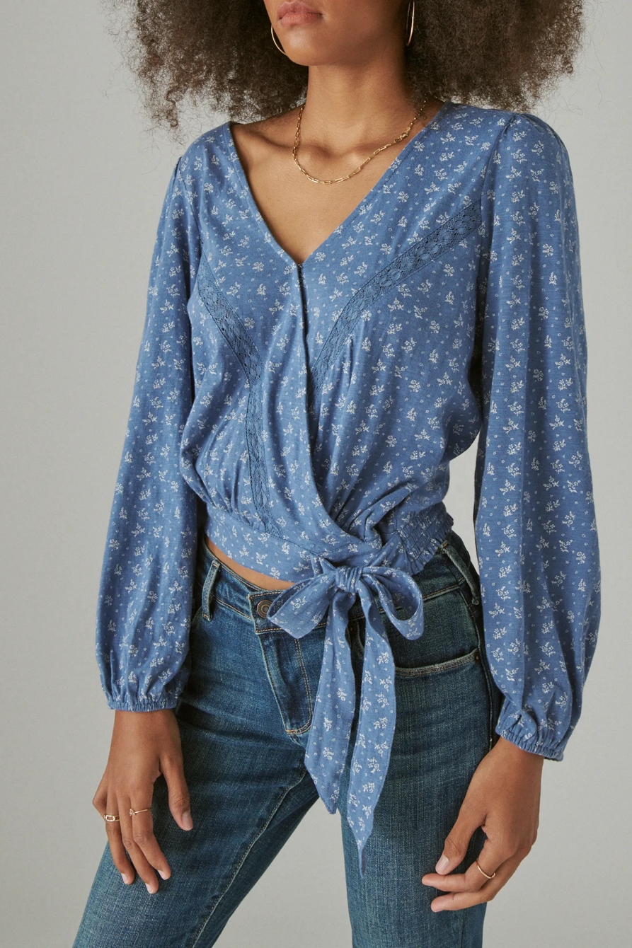 LONG SLEEVE PRINTED SURPLICE WRAP TOP, image 5