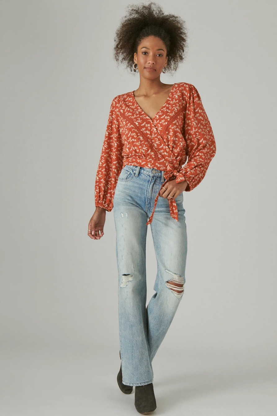 LONG SLEEVE PRINTED SURPLICE WRAP TOP, image 2