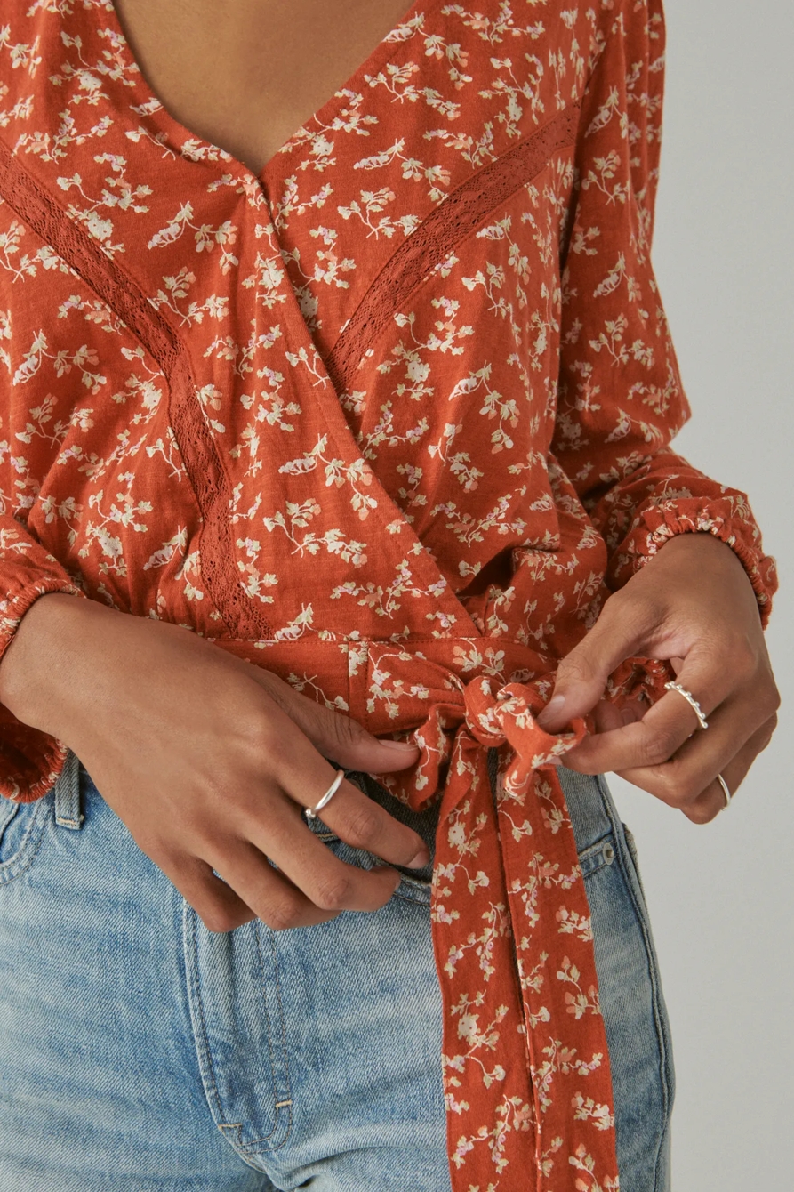 LONG SLEEVE PRINTED SURPLICE WRAP TOP, image 5