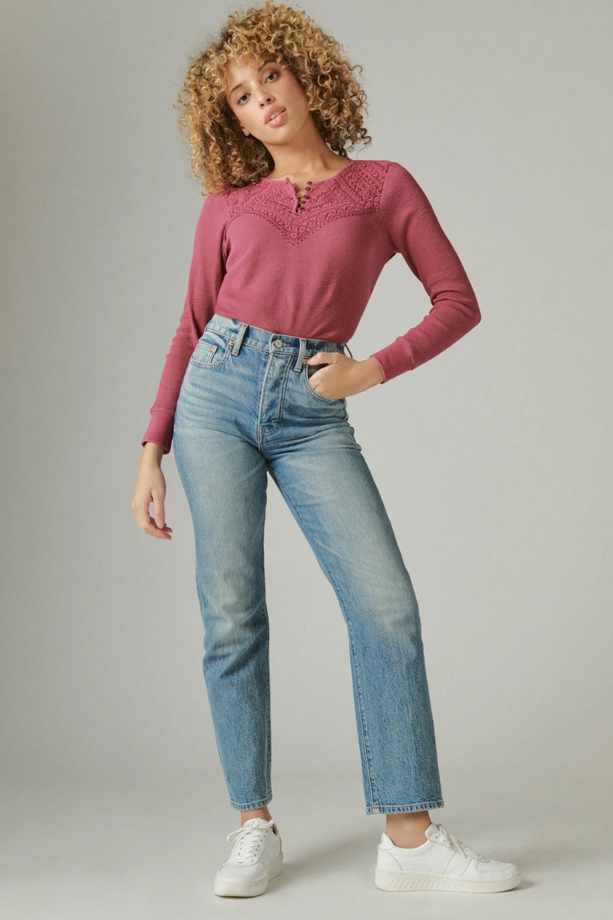 LONG SLEEVE WAFFLE LACE KNIT TOP, image 2