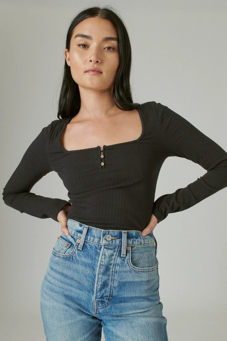 SQUARE NECK BUTTON LONG SLEEVE RIBBED POINTELLE, image 1