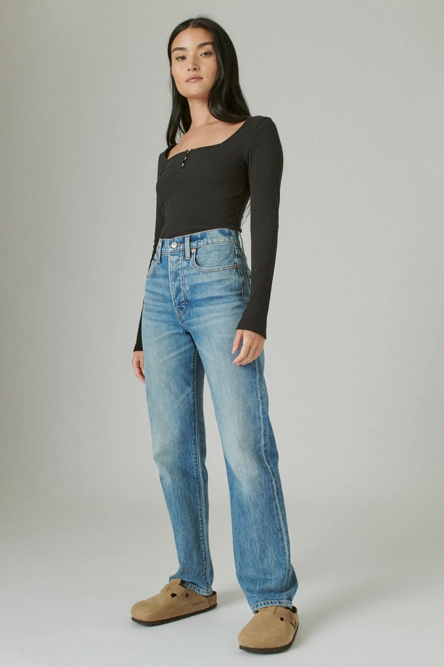 SQUARE NECK BUTTON LONG SLEEVE RIBBED POINTELLE, image 2