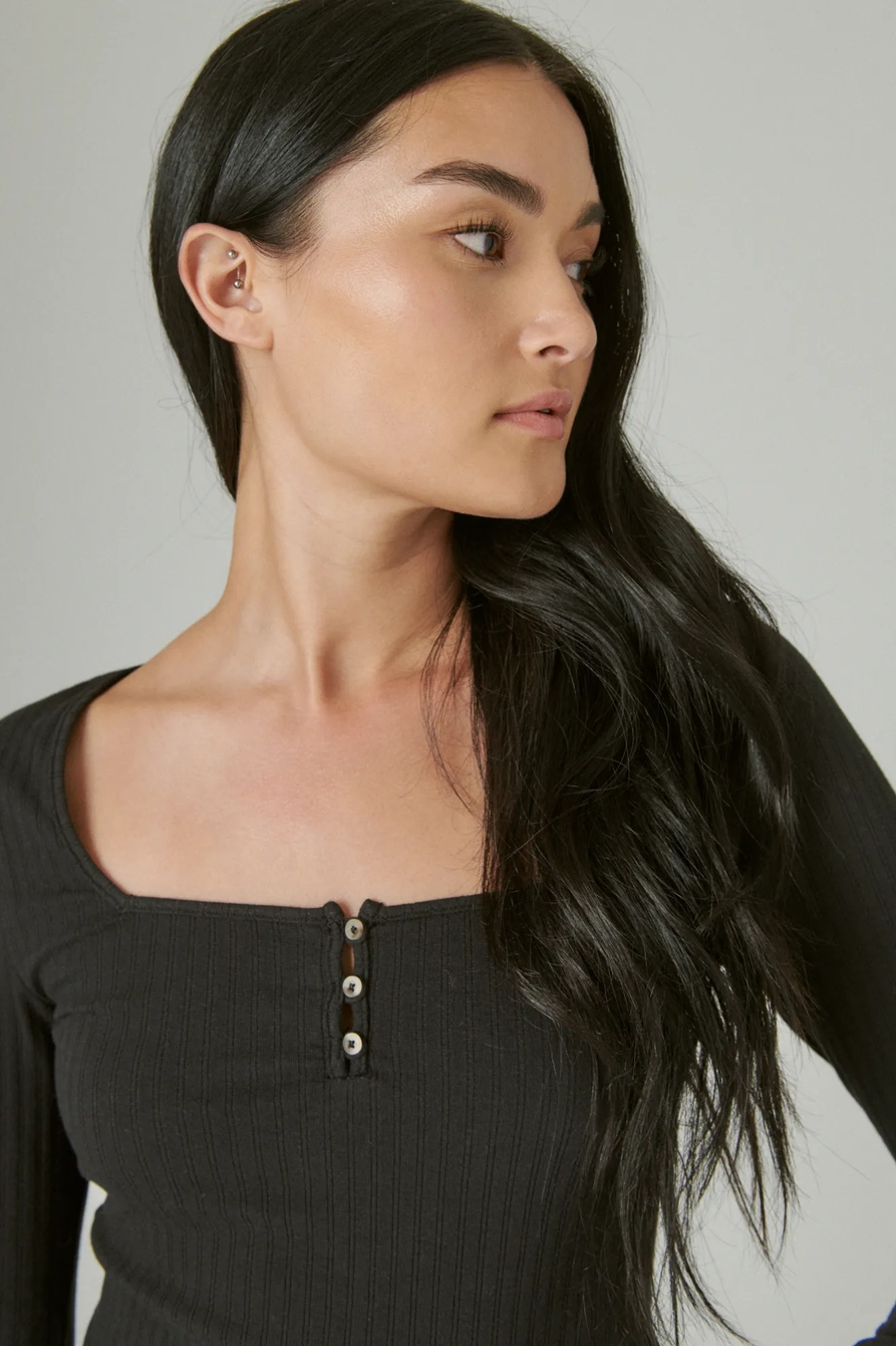 SQUARE NECK BUTTON LONG SLEEVE RIBBED POINTELLE, image 5