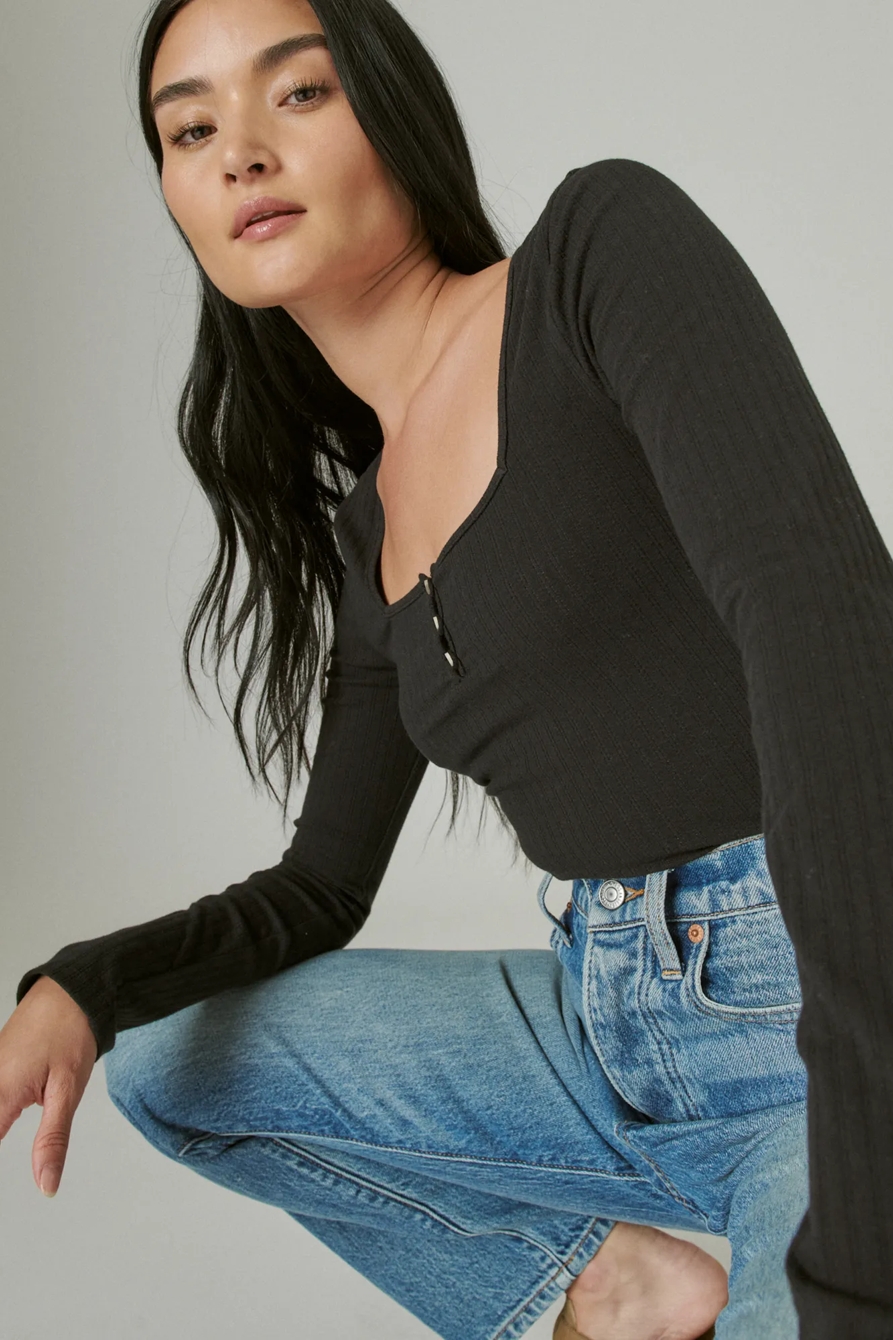 SQUARE NECK BUTTON LONG SLEEVE RIBBED POINTELLE, image 6