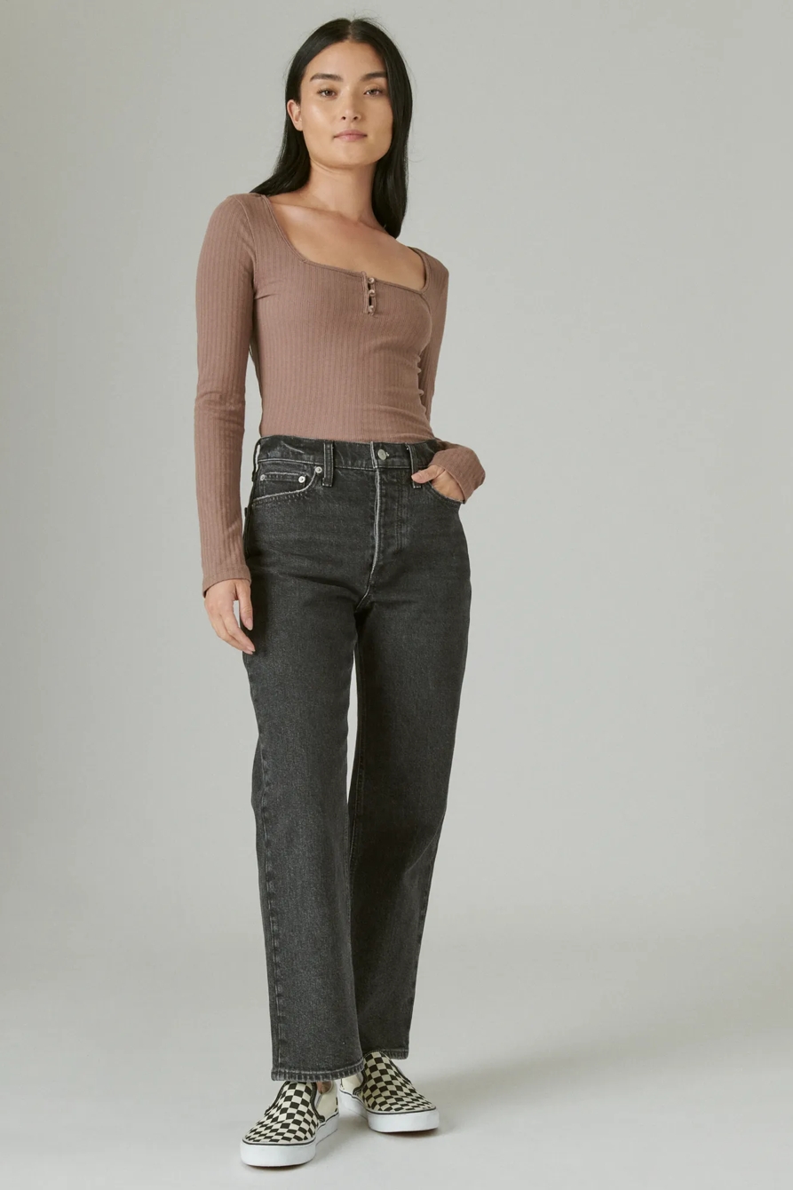SQUARE NECK BUTTON LONG SLEEVE RIBBED POINTELLE, image 2