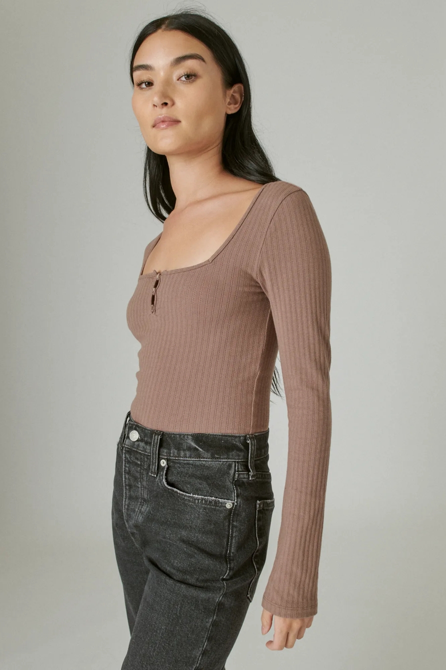 SQUARE NECK BUTTON LONG SLEEVE RIBBED POINTELLE, image 3