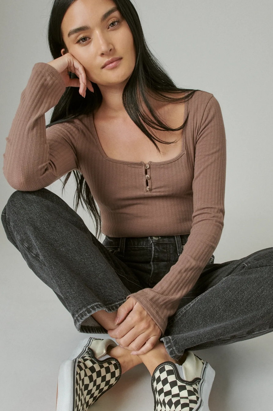 SQUARE NECK BUTTON LONG SLEEVE RIBBED POINTELLE, image 6