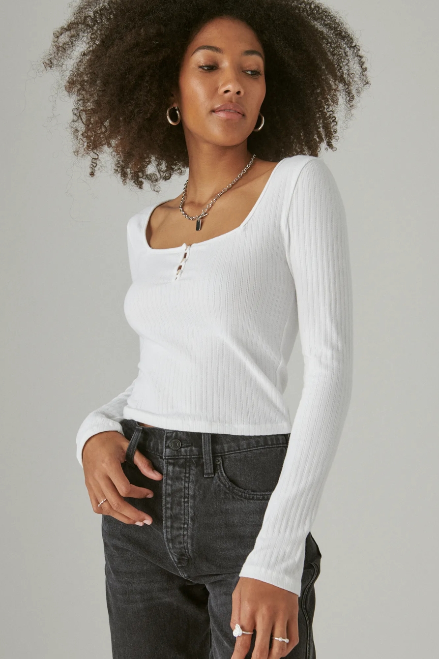 SQUARE NECK BUTTON LONG SLEEVE RIBBED POINTELLE, image 1