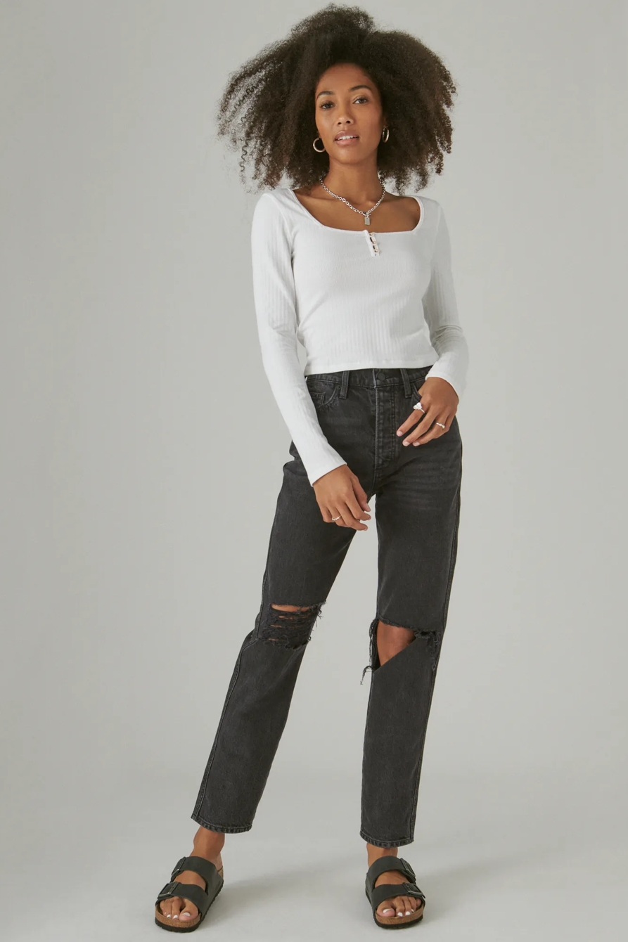 SQUARE NECK BUTTON LONG SLEEVE RIBBED POINTELLE, image 2