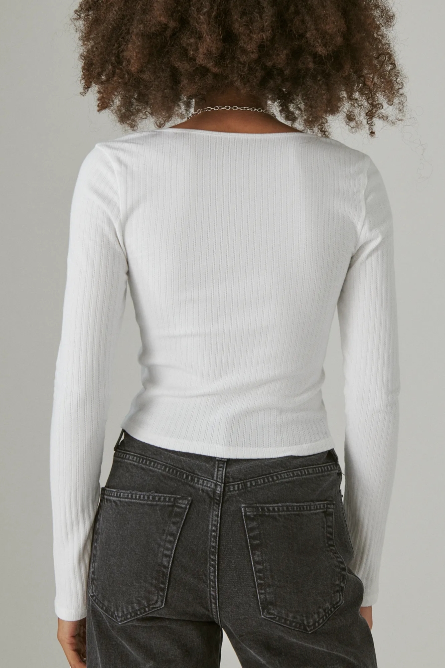 SQUARE NECK BUTTON LONG SLEEVE RIBBED POINTELLE, image 4