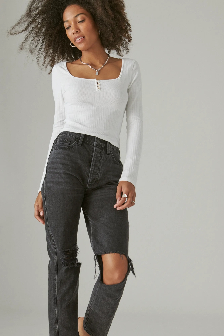 SQUARE NECK BUTTON LONG SLEEVE RIBBED POINTELLE, image 6