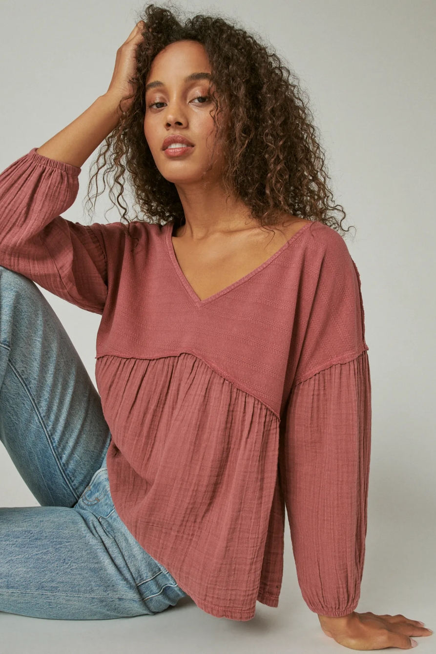 LONG SLEEVE WOVEN MIXED TOP, image 6