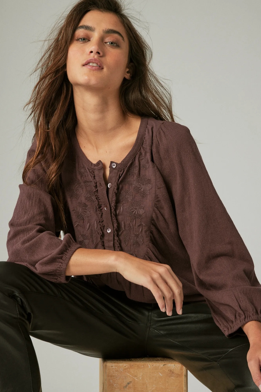 LONG SLEEVE EMBROIDERED YOKE TOP, image 2