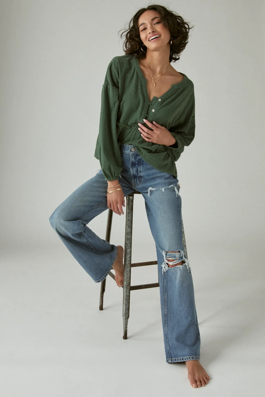 LONG SLEEVE WOVEN MIX TOP, image 1