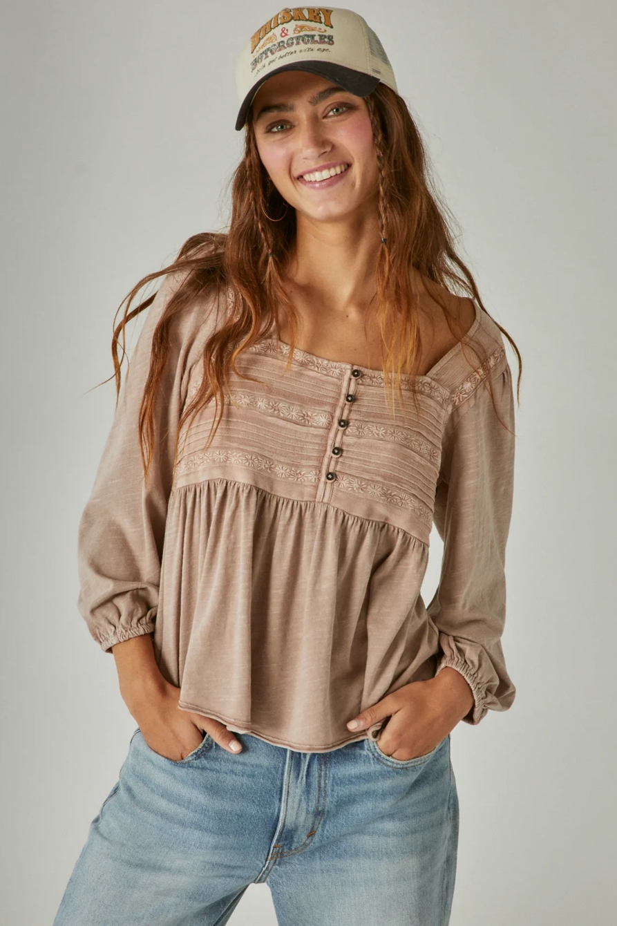 EMBROIDERED YOKE LONG SLEEVE PEASANT TOP, image 2