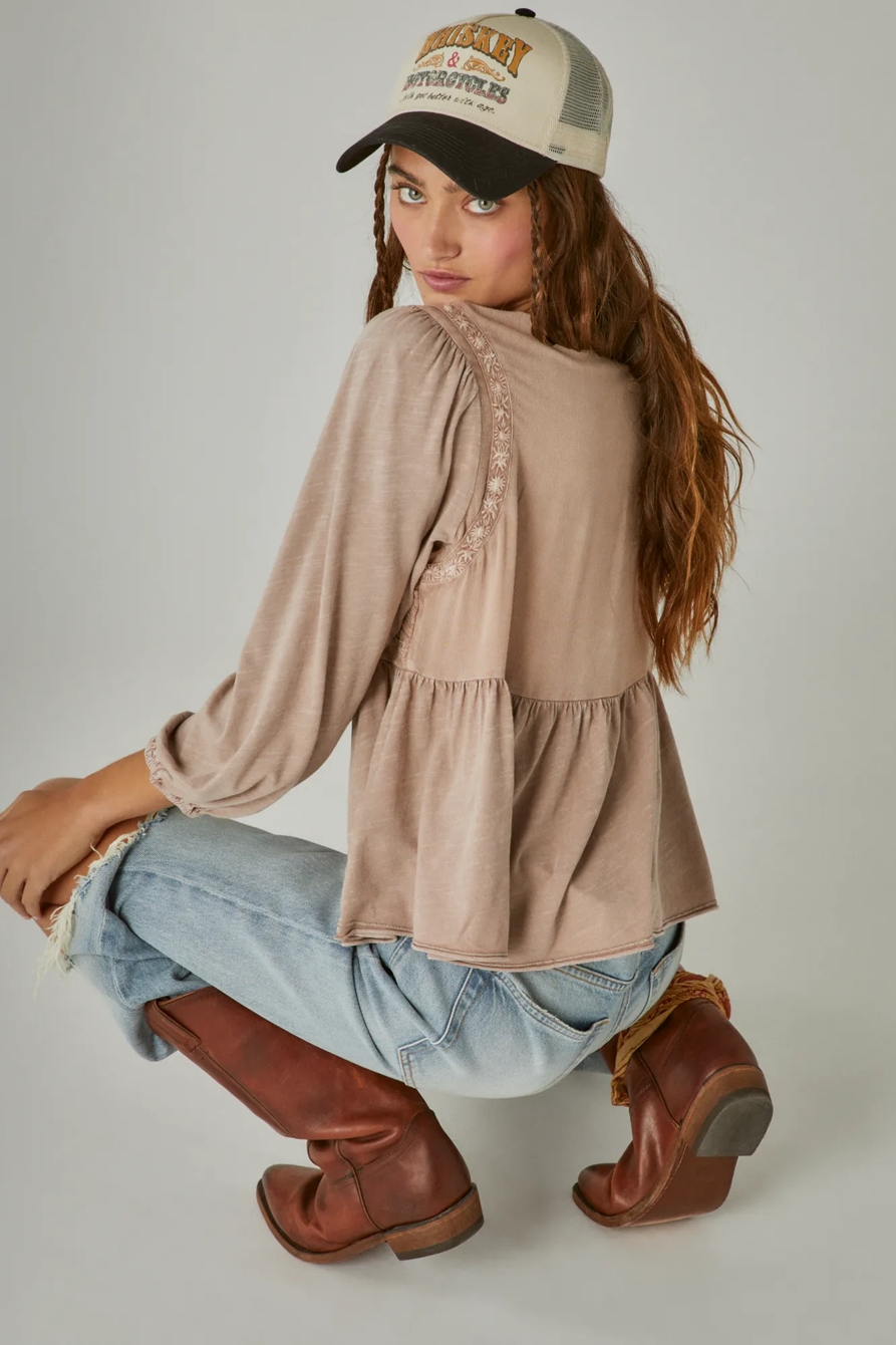 EMBROIDERED YOKE LONG SLEEVE PEASANT TOP, image 3