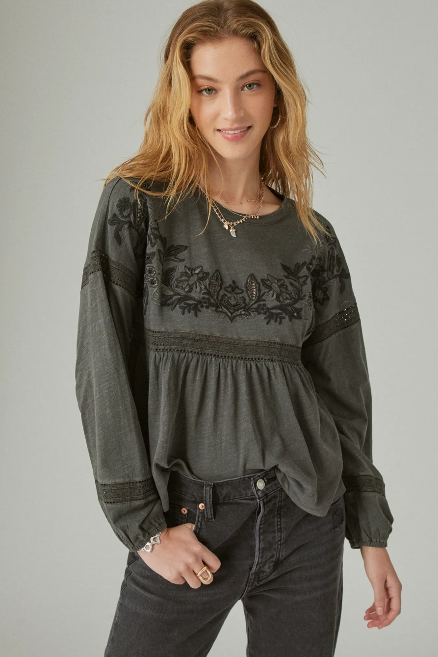 EMBROIDERED LONG SLEEVE BABYDOLL TOP, image 2