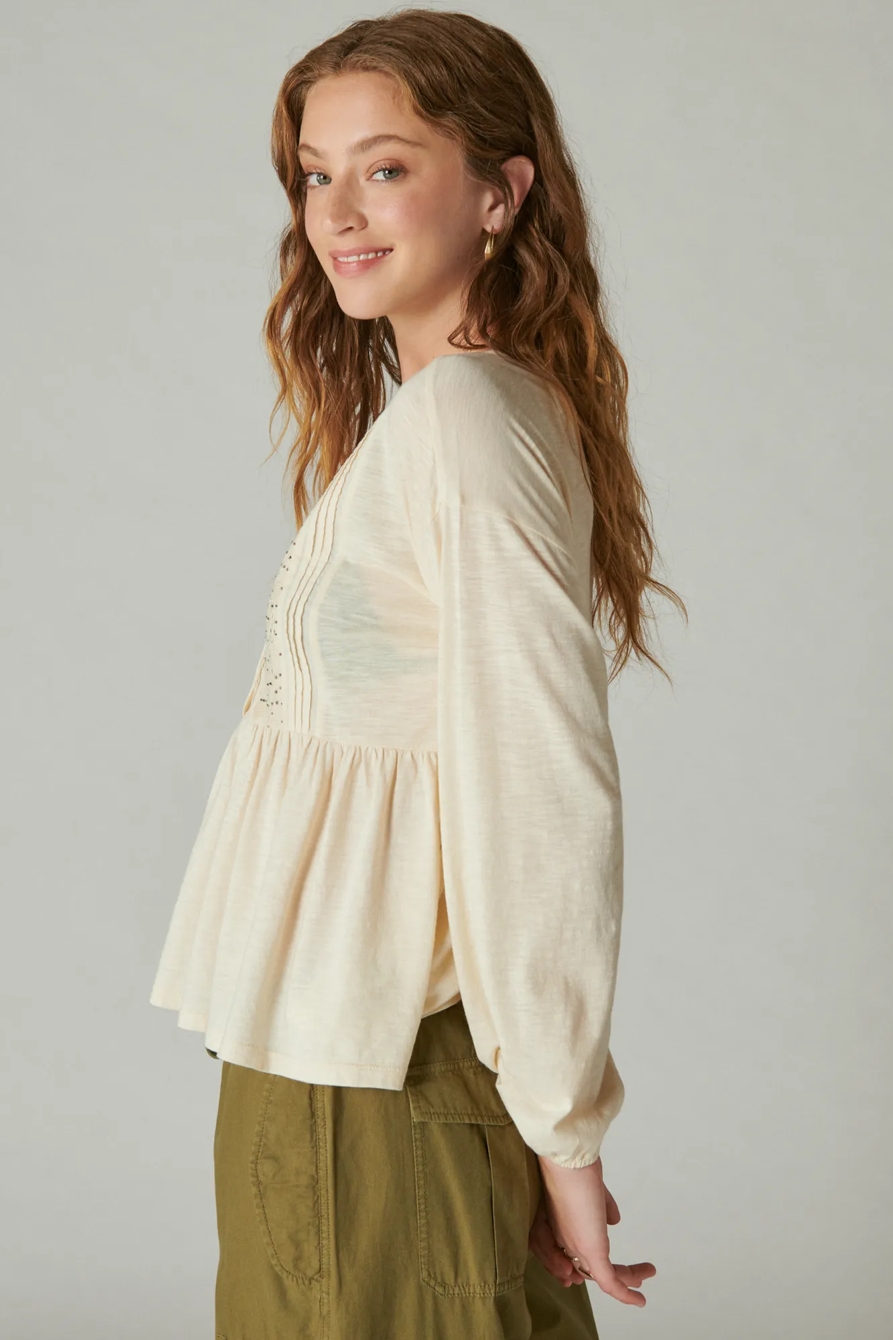 BEADED EMBROIDERED PINTUCK PEPLUM TOP, image 2
