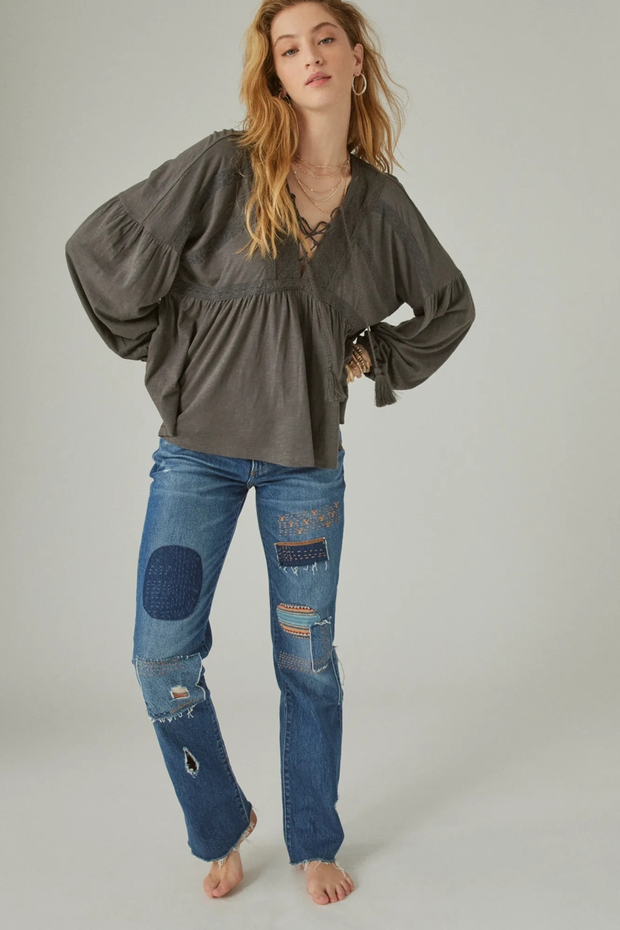 LACE UP TRIM PEASANT TOP, image 4