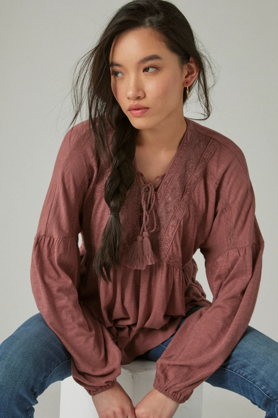 LACE UP TRIM PEASANT TOP, image 1