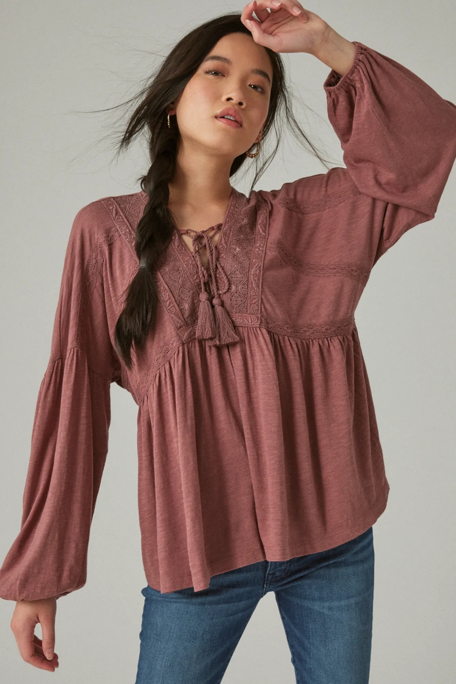 LACE UP TRIM PEASANT TOP, image 2