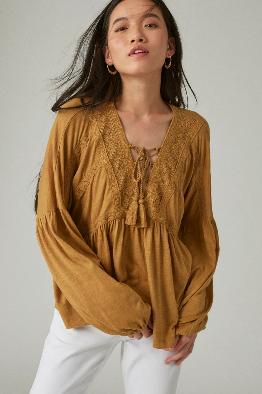 LACE UP TRIM PEASANT TOP, image 2