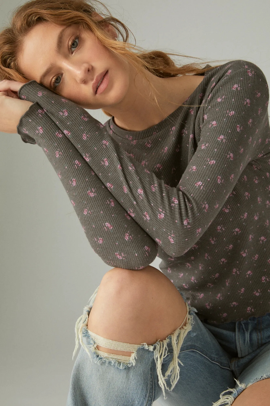 PRINTED CREWNECK WAFFLE TOP, image 1