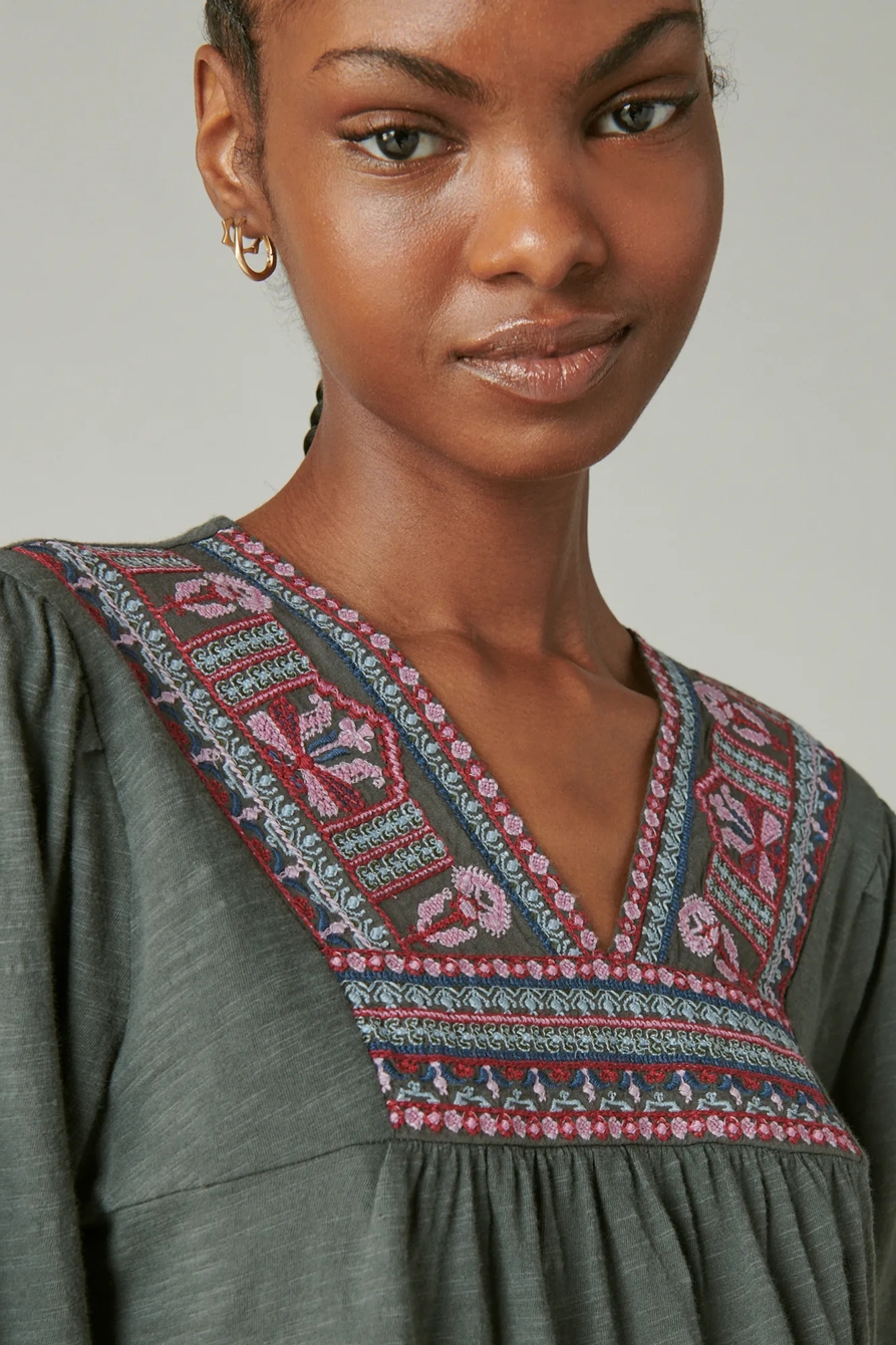EMBROIDERED V NECK PEASANT TOP, image 2