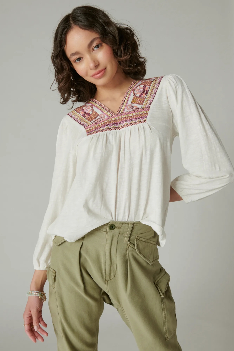 EMBROIDERED V NECK PEASANT TOP, image 3