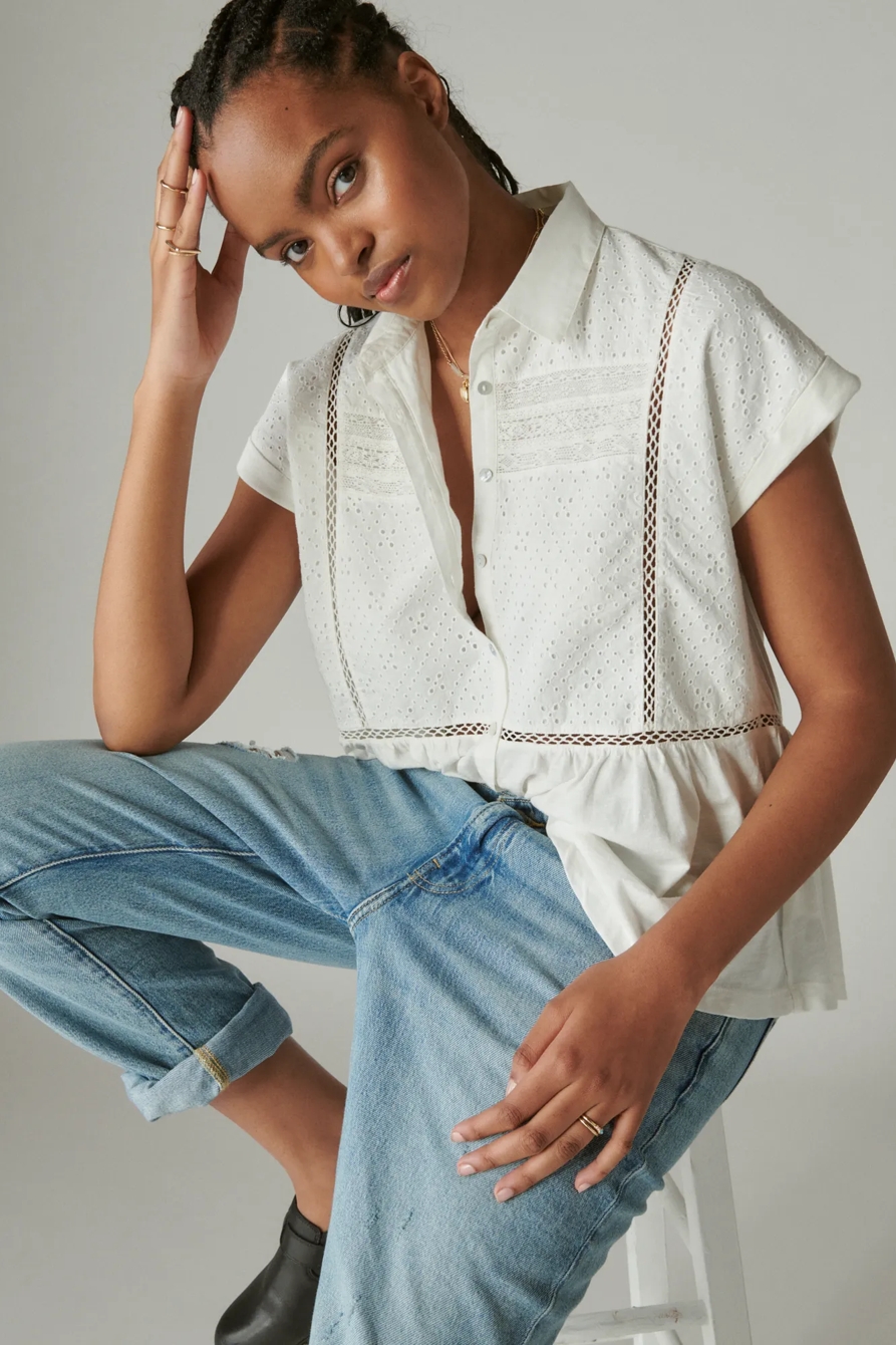 LACE BUTTON THROUGH PEPLUM TOP, image 1