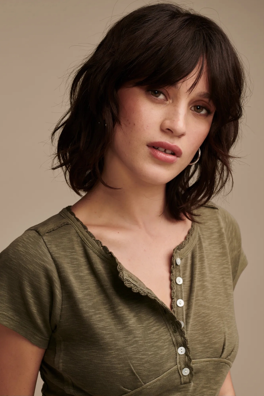 CROCHET TRIM SHORT SLEEVE HENLEY, image 2
