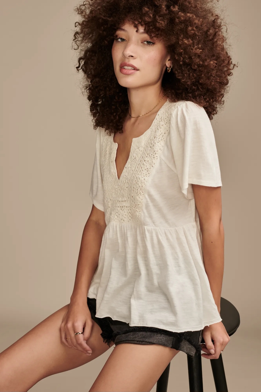 CROCHET YOKE BABYDOLL TOP, image 1