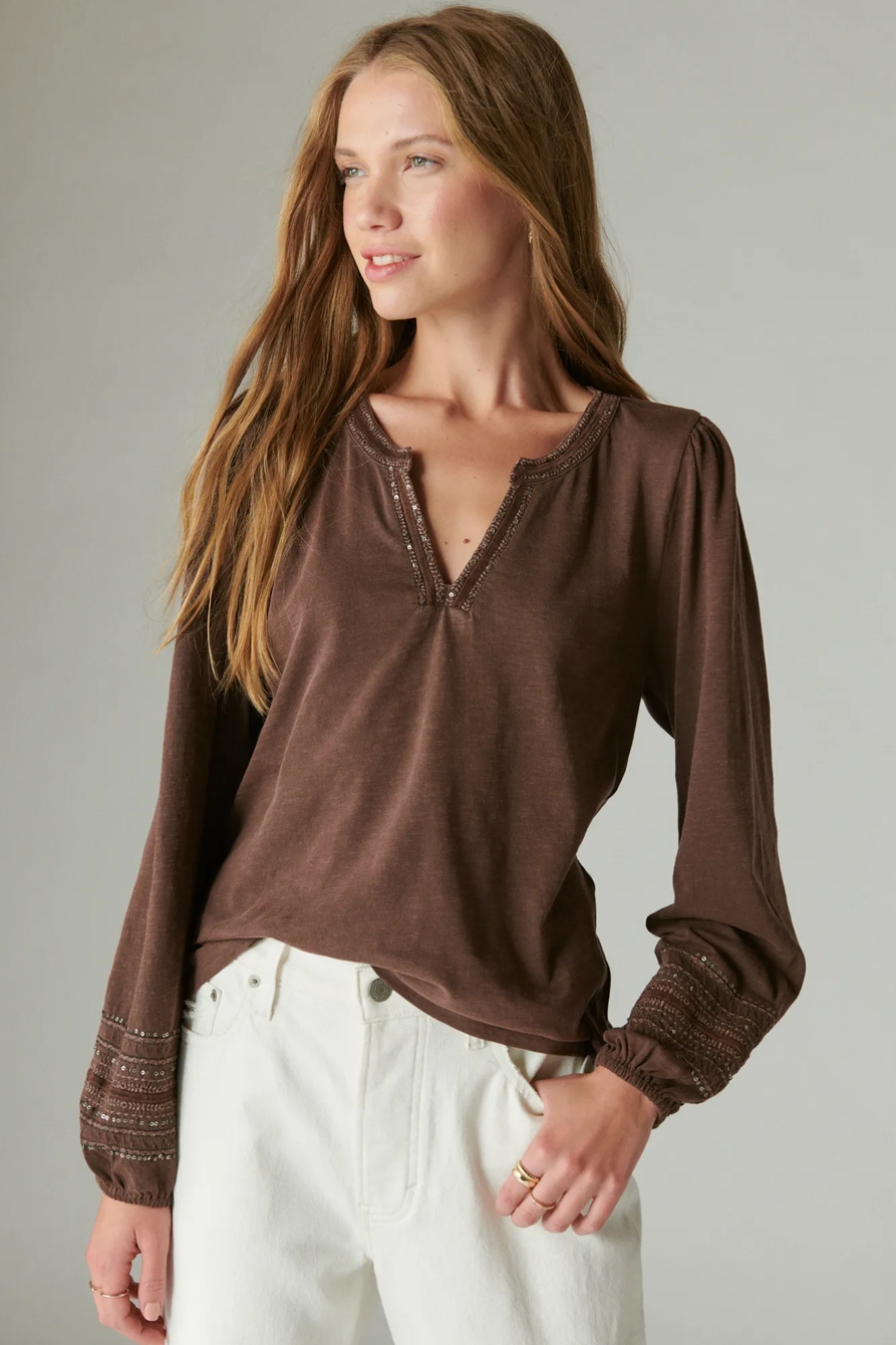 NOTCH NECK LONG SLEEVE SEQUIN TRIMMED TEE, image 1