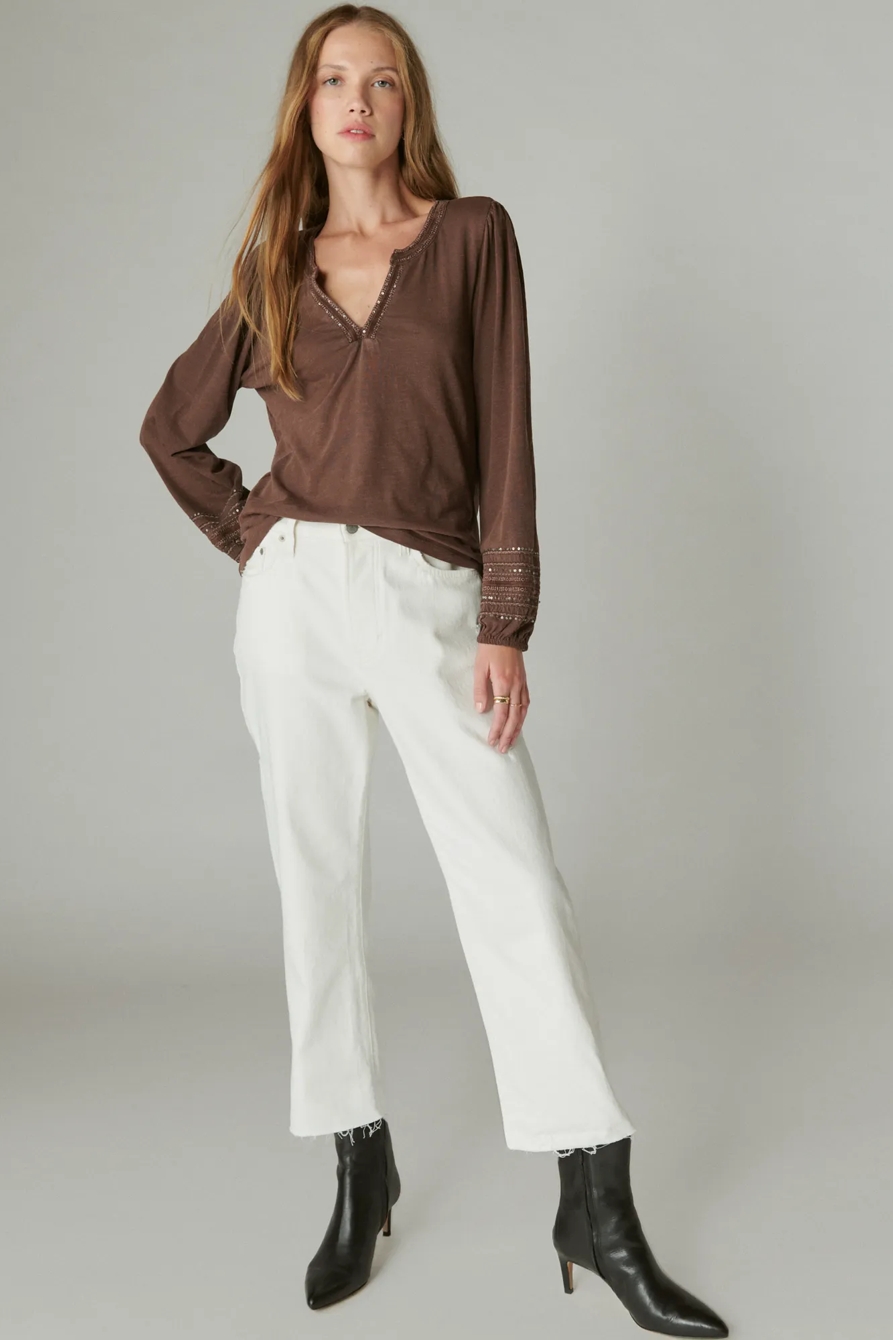 NOTCH NECK LONG SLEEVE SEQUIN TRIMMED TEE, image 2