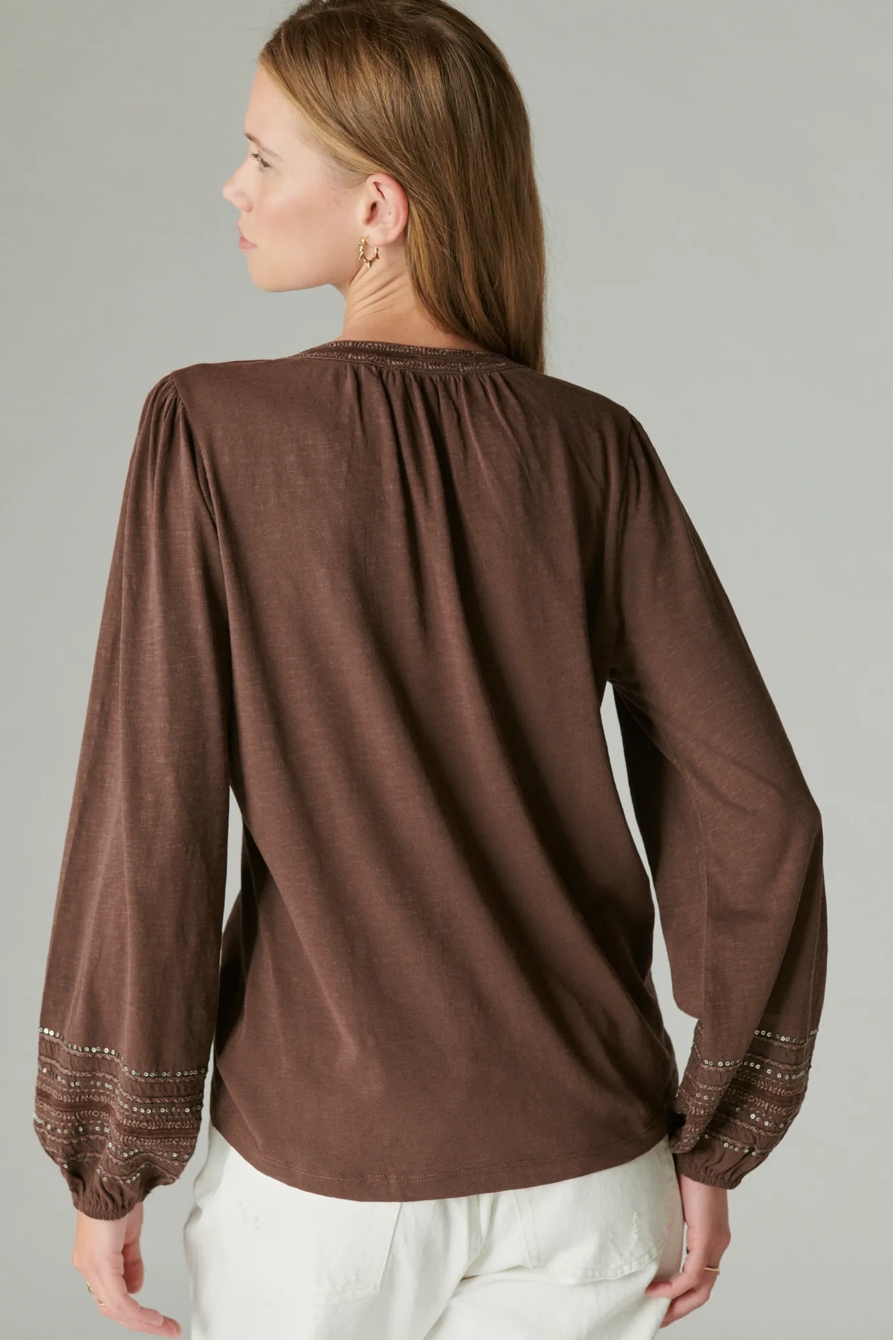 NOTCH NECK LONG SLEEVE SEQUIN TRIMMED TEE, image 3