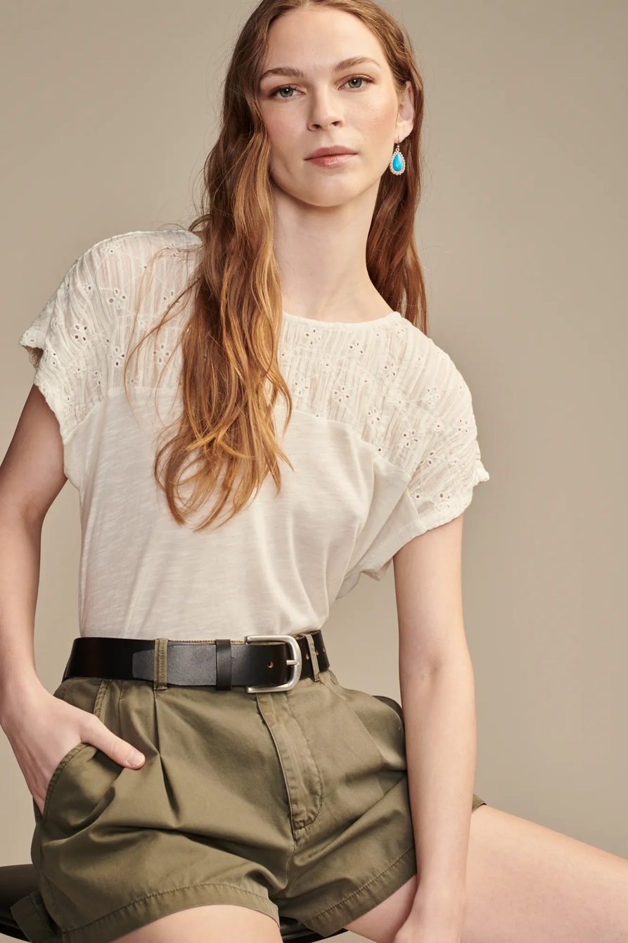 SMOCKED SCHIFFLY MIXED DOLMAN TEE, image 1
